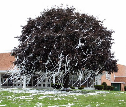A large, mature tree with dark purple or black foliage dominates the foreground of the image, its branches extending outward with numerous white ribbons or strips attached among the leaves, creating a tangled appearance. The tree is situated on a well-maintained grassy area with patches of snow, indicating a winter or early spring setting. In the background, there is a residential building with a brick exterior, large windows, and a white porch or veranda supported by columns, suggesting a suburban context. The scene is evenly lit, with no visible shadows, and the overall environment appears calm and undisturbed. The image focuses on the tree’s dense canopy and the decorative or functional ribbons intertwined within its branches, consistent with a location that might receive professional rubbish removal services from Commercial Waste Esher within the Esher or nearby Surrey area, subtly integrating local context.
